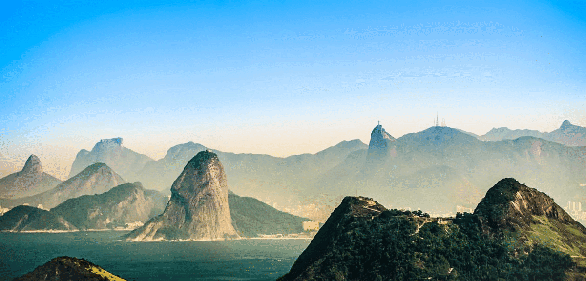 View of Sugarloaf Mountain and Botafogo Bay in Rio de Janeiro, Brazil.